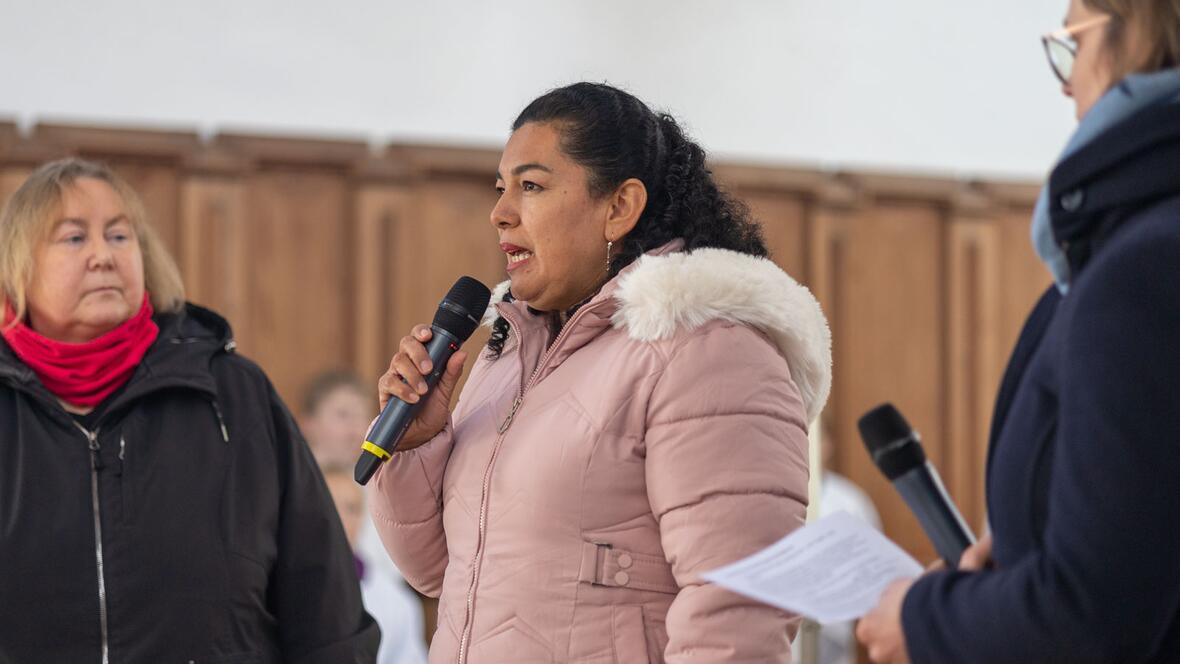 Die kolumbianische Landwirtin Nidia Cielito Meneses Meneses sprach über die Arbeit der Diözesanen Landpastoral in ihrer Heimat (Foto: Julian Schmidt / pba)