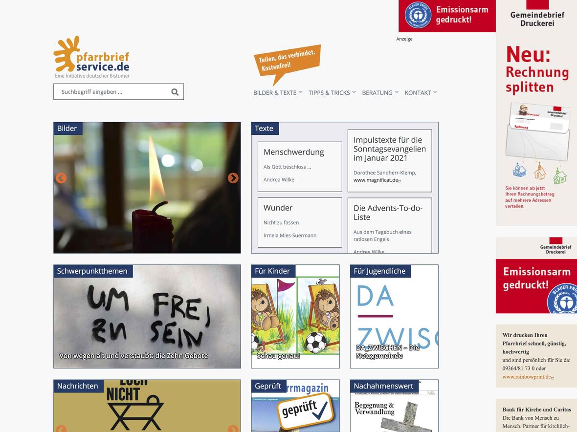 Screenshot von der neugestalteten Seite von Pfarrbriefservice.de (Bildquelle: pbs)