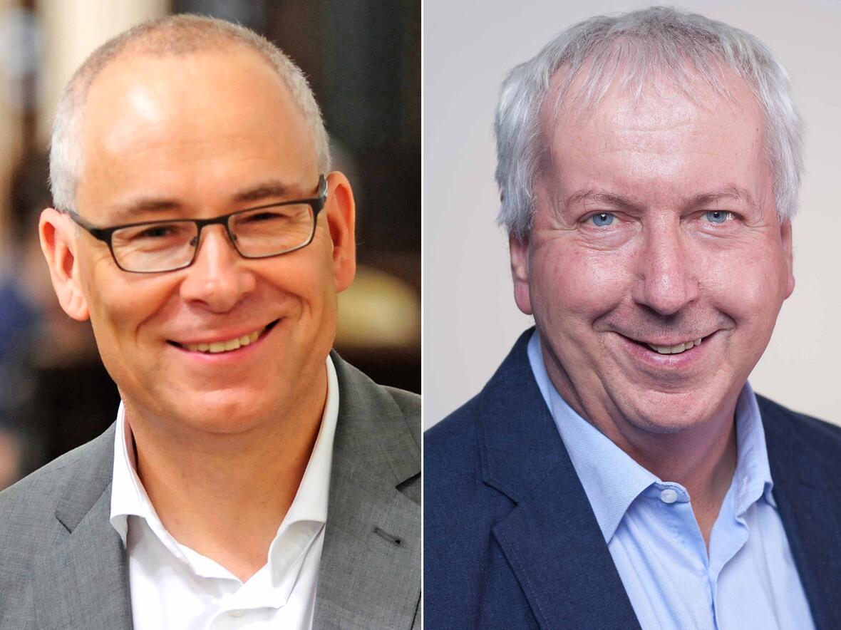 Stabwechsel: Dr. Karl-Georg Michel (links) setzt sich künftig im Bistum für die Bewahrung der Schöpfung ein. Ulrich Bobinger wird neuer Pressesprecher und leitet ab Dezember die Abteilung Öffentlichkeitsarbeit und Medien. (Fotos: pba / SUV)