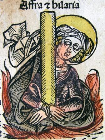 Buchmalerei 1493 mit dem Motiv der Afra: Hartmann Schedels Nürnberger Weltchronik.