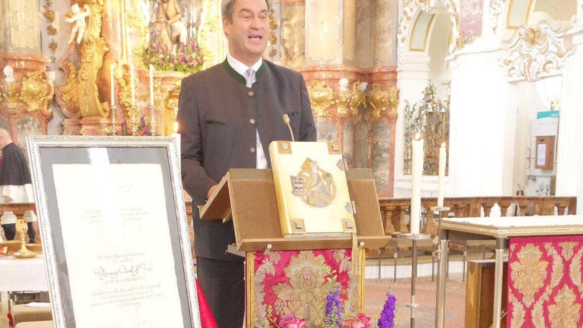 Der bayerische Ministerpräsident Dr. Markus Söder betonte den hohen kulturellen Wert der Wieskirche  (Foto: Kath. Wallfahrtskuratiestiftung St. Josef - Wies)