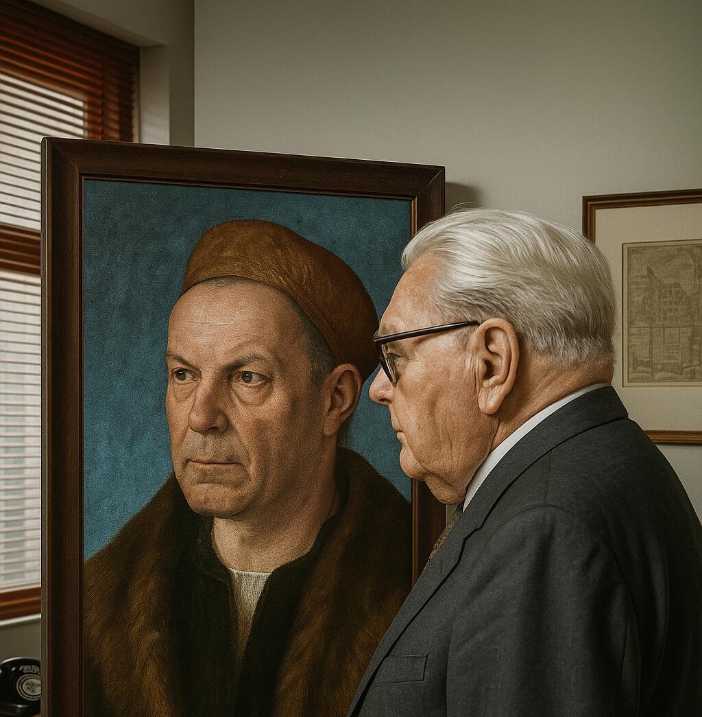 Künstliche Intelligenz macht es möglich: Ludwig Erhard vor dem Porträtbild von Jakob Fugger, der am, 30. Dezember vor 500 Jahren verstarb.