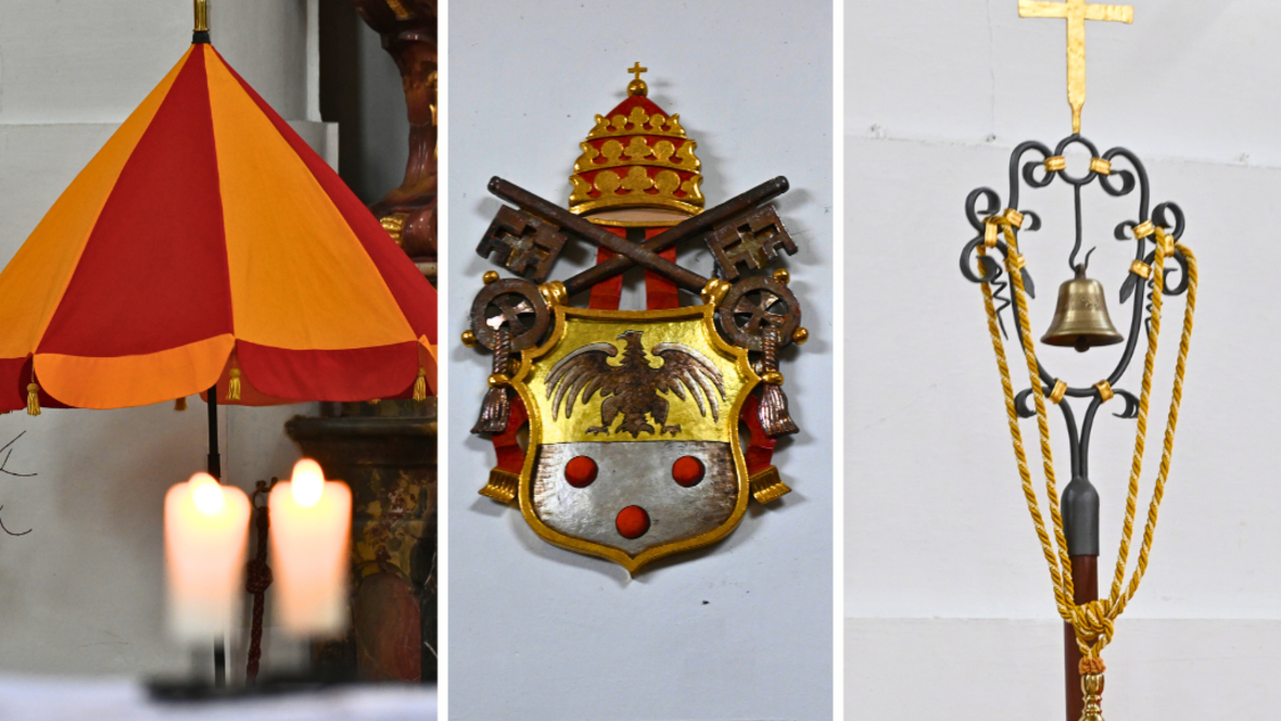 In der Klosterkirche von Ottobeuren weisen drei Dinge auf den Rang einer Basilika hin (v.l.): der Padiglione, das Papstwappen und das Tintinnabulum. (Fotos: Leander Stork / pba)
